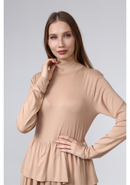 Fancy Kadın Balıkçı Yaka Uzun Kollu Büzgülü Fermuar Detaylı Eteği Kat Kat Viskon Elbise fırsatları