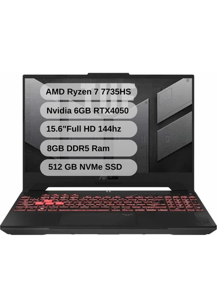 Tuf Gaming A15 FA507NU-LP030W Amd Ryzen 7 7735HS 8gb Ddr5 512GB SSD 6gb RTX4050 15.6" Fhd 144Hz Windows 11 Home Taşınabilir Bilgisayar