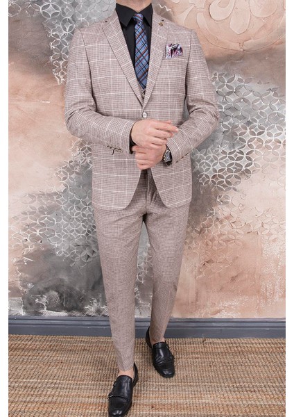 Erkek Slim Fit Mono Yaka Açık Kahverengi Ekose Yelekli Kombin 8 Drop Takım Elbise