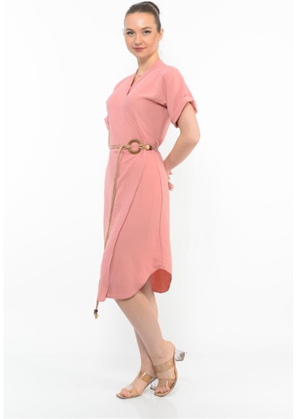 Kadın Kemer Detaylı Aerobin Elbise Pudra