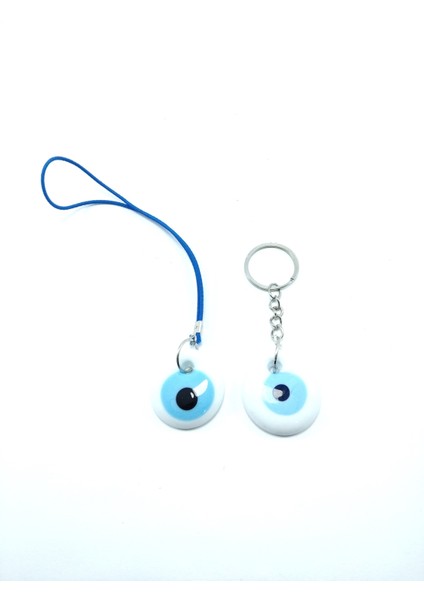 Araba Dikiz Ayna Süsü +Anahtarlık Beyaz Ikili El Yapımı Cam Nazar Boncuğu Seti Eşya