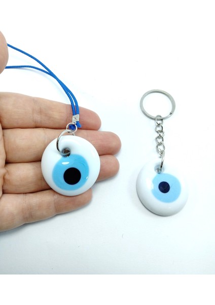 Araba Dikiz Ayna Süsü +Anahtarlık Beyaz Ikili El Yapımı Cam Nazar Boncuğu Seti Eşya fiyatları