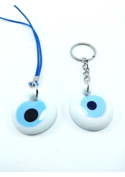 Araba Dikiz Ayna Süsü +Anahtarlık Beyaz Ikili El Yapımı Cam Nazar Boncuğu Seti Eşya fırsatları