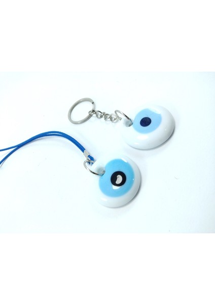 Araba Dikiz Ayna Süsü +Anahtarlık Beyaz Ikili El Yapımı Cam Nazar Boncuğu Seti Eşya indirimleri