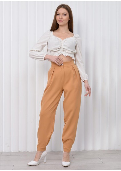 Kadın Manşet Paça Yüksek Bel Pantolon Camel