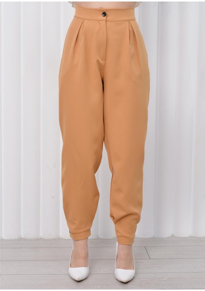Kadın Manşet Paça Yüksek Bel Pantolon Camel