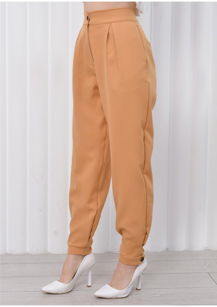 Kadın Manşet Paça Yüksek Bel Pantolon Camel