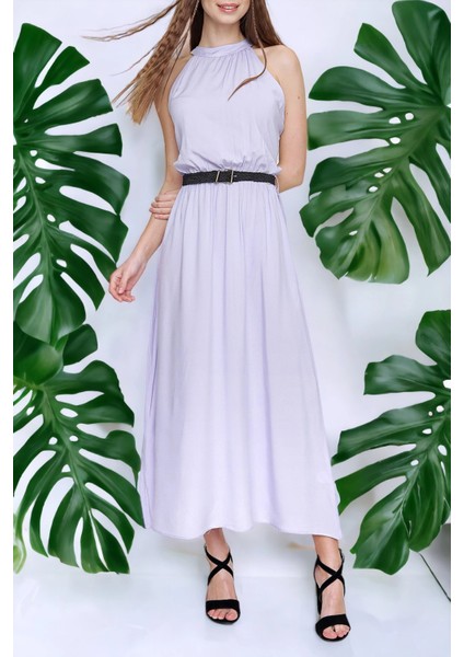 Kadın Lila Halter Yaka Sıfır Kol Kemer Detaylı Regular Kesim Maksi Boy, Uzun Rahat ve Günlük Elbise