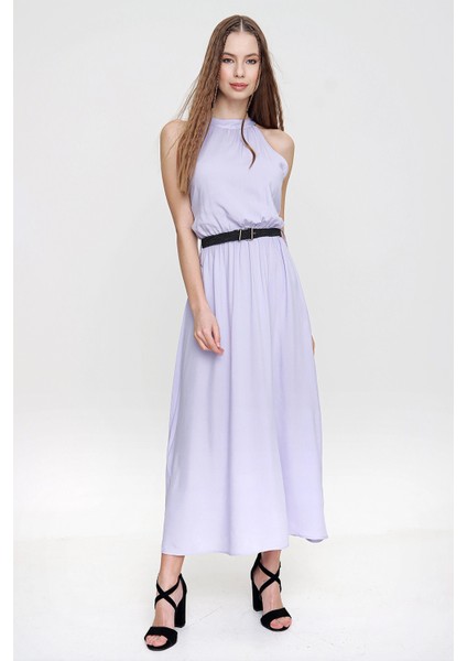 Kadın Lila Halter Yaka Sıfır Kol Kemer Detaylı Regular Kesim Maksi Boy, Uzun Rahat ve Günlük Elbise fiyatları