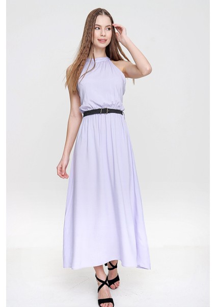 Kadın Lila Halter Yaka Sıfır Kol Kemer Detaylı Regular Kesim Maksi Boy, Uzun Rahat ve Günlük Elbise indirimleri