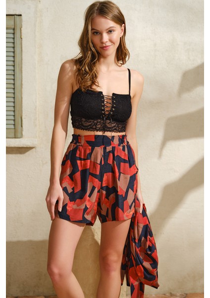 Kadın Dokuma Viskon Geometrik Baskılı Sabahlık Balensiz Desteksiz Dolgusuz Dantelli Büstiyer Sütyen ve Yandan Cepli Şort Pijama 3lü Takım (5740) fiyatları