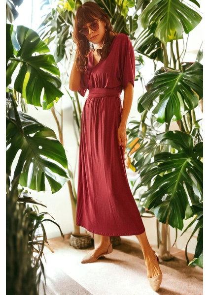 Kadın Mürdüm V Yaka Kısa Kol Kemerli Yumuşak Dokulu Maksi Boy, Uzun Rahat ve Günlük Elbise