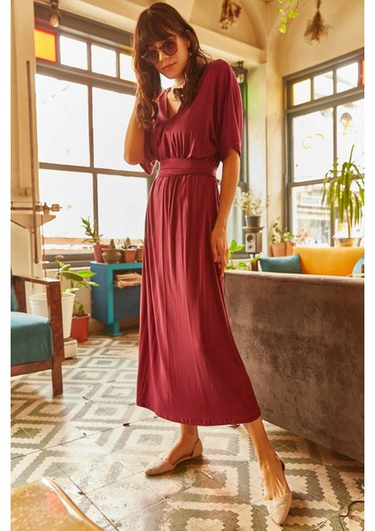 Kadın Mürdüm V Yaka Kısa Kol Kemerli Yumuşak Dokulu Maksi Boy, Uzun Rahat ve Günlük Elbise fiyatları
