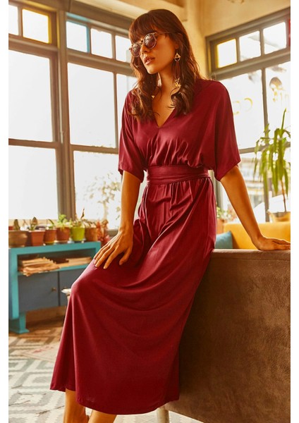 Kadın Mürdüm V Yaka Kısa Kol Kemerli Yumuşak Dokulu Maksi Boy, Uzun Rahat ve Günlük Elbise modelleri