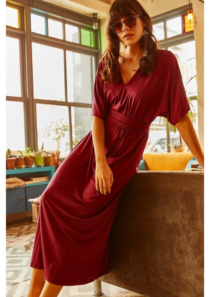 Kadın Mürdüm V Yaka Kısa Kol Kemerli Yumuşak Dokulu Maksi Boy, Uzun Rahat ve Günlük Elbise fırsatları