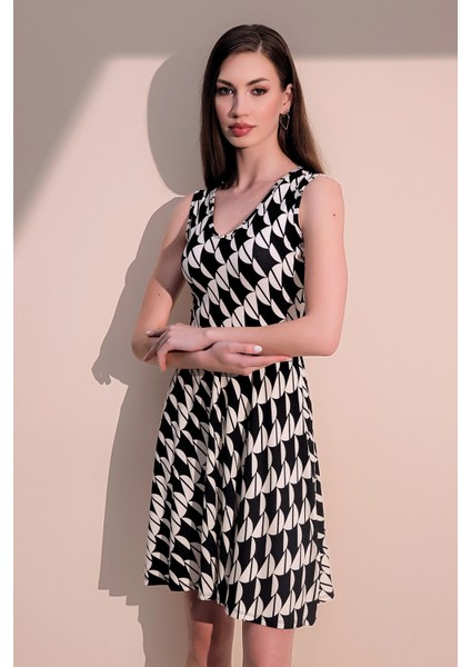 Kadın Siyah Kaliteli Desen V Yaka Kiloş Kolsuz Midi Dizüstü Elbise