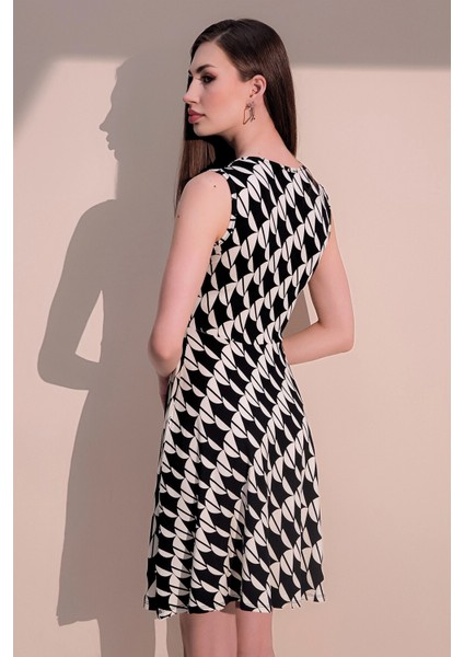 Kadın Siyah Kaliteli Desen V Yaka Kiloş Kolsuz Midi Dizüstü Elbise fiyatları