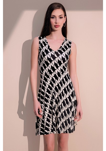 Kadın Siyah Kaliteli Desen V Yaka Kiloş Kolsuz Midi Dizüstü Elbise fırsatları