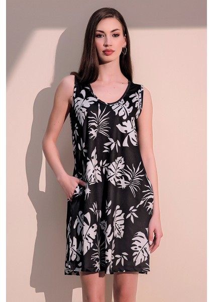 Kadın Siyah Yeni Tarz Baskılı V Yaka A Kesim Cepli Kolsuz Salaş Kesim Yazlık Elbise