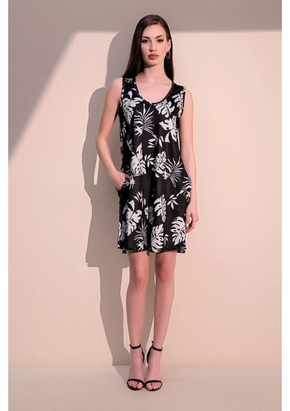 Kadın Siyah Yeni Tarz Baskılı V Yaka A Kesim Cepli Kolsuz Salaş Kesim Yazlık Elbise fiyatları