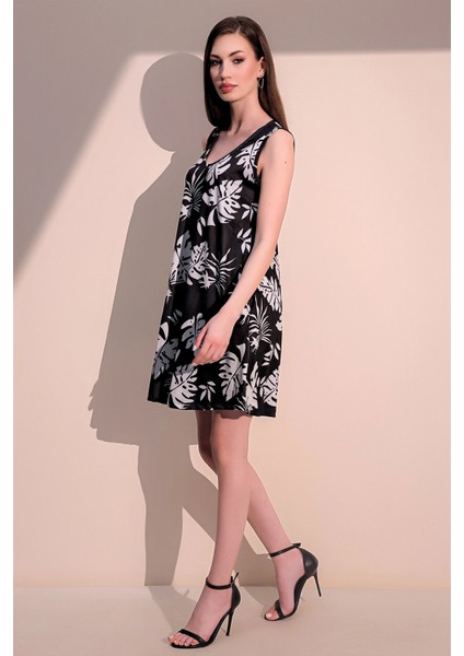 Kadın Siyah Yeni Tarz Baskılı V Yaka A Kesim Cepli Kolsuz Salaş Kesim Yazlık Elbise fırsatları