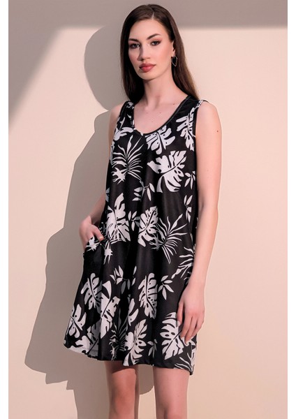 Kadın Siyah Yeni Tarz Baskılı V Yaka A Kesim Cepli Kolsuz Salaş Kesim Yazlık Elbise indirimleri