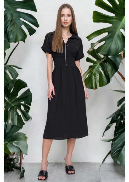 Kadın Siyah Fermuarlı Beli Büzgülü Airobin Polo Yaka Elbise Maksi Boy Uzun Rahat ve Günlük