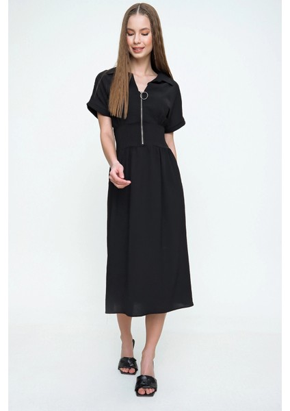 Kadın Siyah Fermuarlı Beli Büzgülü Airobin Polo Yaka Elbise Maksi Boy Uzun Rahat ve Günlük modelleri