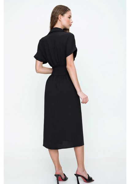 Kadın Siyah Fermuarlı Beli Büzgülü Airobin Polo Yaka Elbise Maksi Boy Uzun Rahat ve Günlük fırsatları