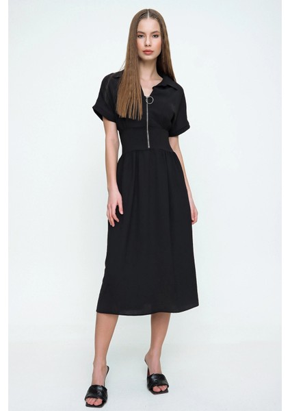 Kadın Siyah Fermuarlı Beli Büzgülü Airobin Polo Yaka Elbise Maksi Boy Uzun Rahat ve Günlük indirimleri