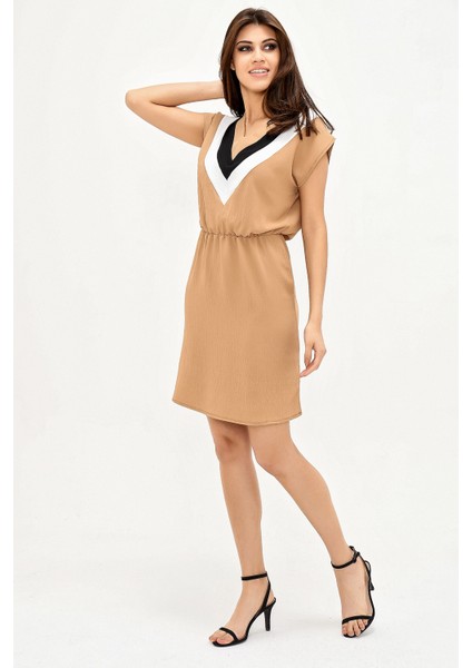 Kadın Taba V Yaka Bloklu Kısa Kollu Dizüstü Aerobin Elbise Kısa Kol Beli Lastik Detaylı Elbise modelleri