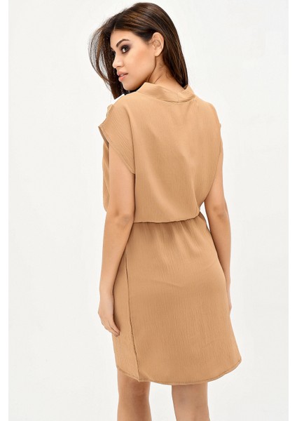Kadın Taba V Yaka Bloklu Kısa Kollu Dizüstü Aerobin Elbise Kısa Kol Beli Lastik Detaylı Elbise indirimleri