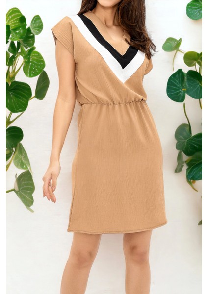 Kadın Taba V Yaka Bloklu Kısa Kollu Dizüstü Aerobin Elbise Kısa Kol Beli Lastik Detaylı Elbise