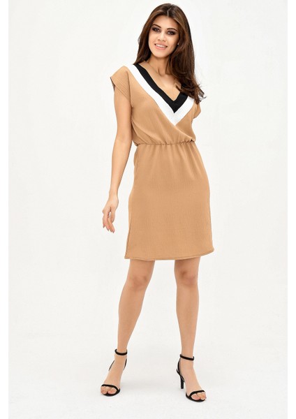 Kadın Taba V Yaka Bloklu Kısa Kollu Dizüstü Aerobin Elbise Kısa Kol Beli Lastik Detaylı Elbise fiyatları