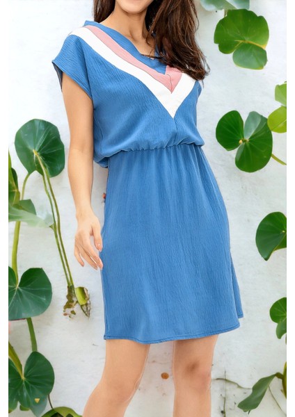 Kadın Indigo V Yaka Bloklu Kısa Kollu Dizüstü Aerobin Elbise Kısa Kol Beli Lastik Detaylı Elbise