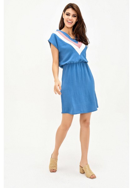 Kadın Indigo V Yaka Bloklu Kısa Kollu Dizüstü Aerobin Elbise Kısa Kol Beli Lastik Detaylı Elbise fiyatları