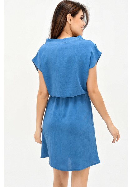 Kadın Indigo V Yaka Bloklu Kısa Kollu Dizüstü Aerobin Elbise Kısa Kol Beli Lastik Detaylı Elbise modelleri