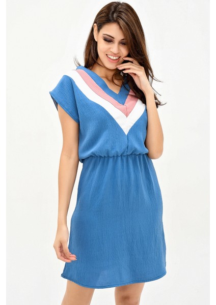 Kadın Indigo V Yaka Bloklu Kısa Kollu Dizüstü Aerobin Elbise Kısa Kol Beli Lastik Detaylı Elbise indirimleri