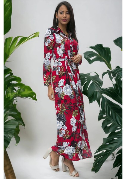 Kadın Kırmızı Desenli Çiçekli Uzun Gömlek Elbise - Uzun Kol Beli Kemer Detay Tesettüre Uygun