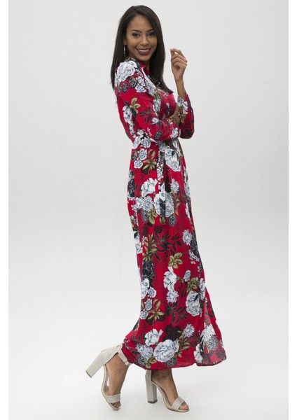 Kadın Kırmızı Desenli Çiçekli Uzun Gömlek Elbise - Uzun Kol Beli Kemer Detay Tesettüre Uygun fiyatları