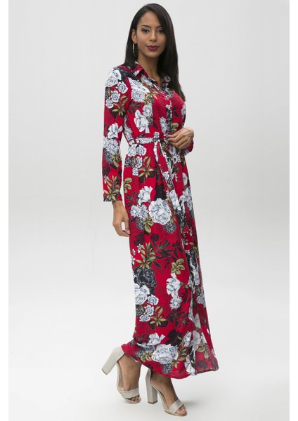 Kadın Kırmızı Desenli Çiçekli Uzun Gömlek Elbise - Uzun Kol Beli Kemer Detay Tesettüre Uygun modelleri