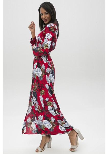 Kadın Kırmızı Desenli Çiçekli Uzun Gömlek Elbise - Uzun Kol Beli Kemer Detay Tesettüre Uygun fırsatları
