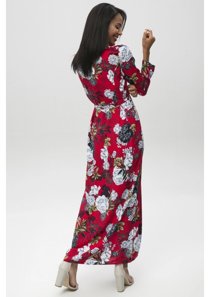 Kadın Kırmızı Desenli Çiçekli Uzun Gömlek Elbise - Uzun Kol Beli Kemer Detay Tesettüre Uygun indirimleri