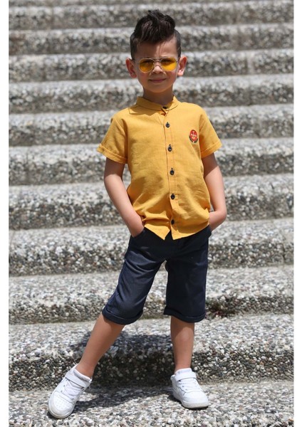 Keten Gömlek Dokuma Pantolon Kemerli Erkek Çocuk Takım MNK4306