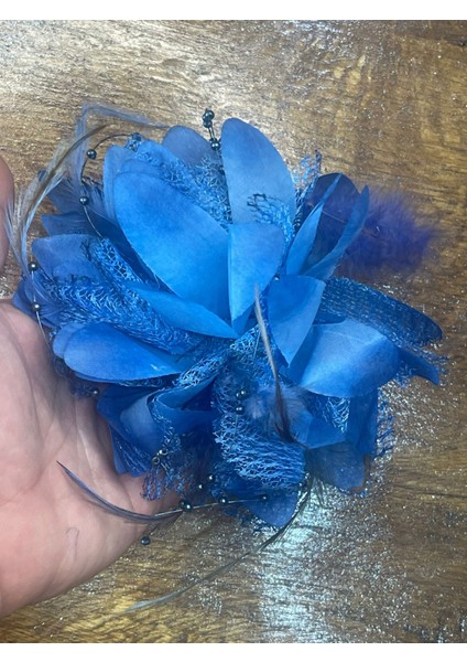 14X14 cm Mavi Tüylü Broş Gelin Broş Saç Toka Broş Türban Broş Yaka Iğnesi