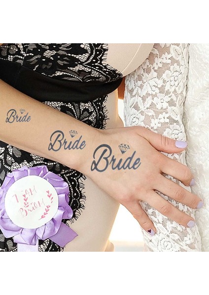 Tek Taş Bride Yazılı Tattoo Gümüş Renk Yaldızlı Geçici Dövme 5x5 cm 10 Adet