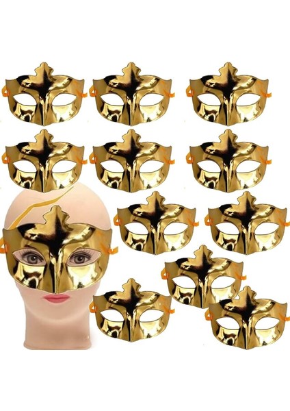 Altın Gold Düz Renk Plastik Arkadan Bağlamalı Parti Maskesi 12 Adet Bride