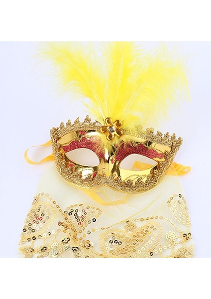 Ağzı Peçeli Wedding Tüylü Karnaval Maskesi Altın Gold Renk Bride