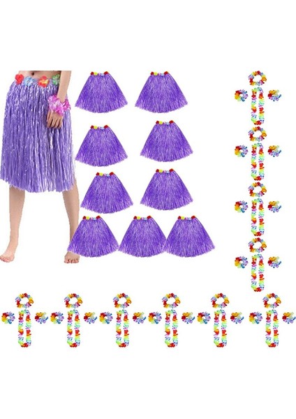 Setli Yetişkin Çocuk Uyumlu Hawaii Eteği Mor Renk 40 cm 10 Set 50 Parça