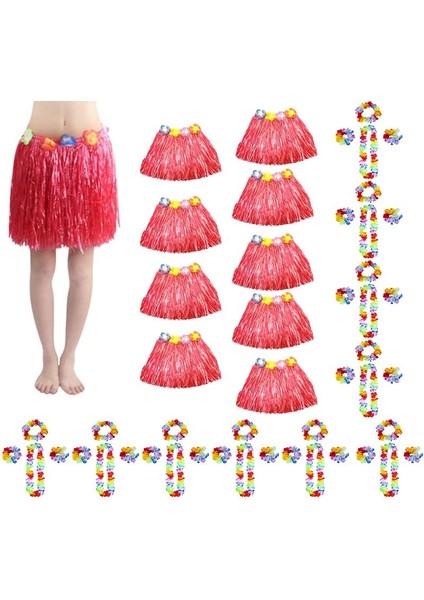 Setli Yetişkin Çocuk Uyumlu Hawaii Eteği Kırmızı Renk 40 cm 10 Set 50 Parça